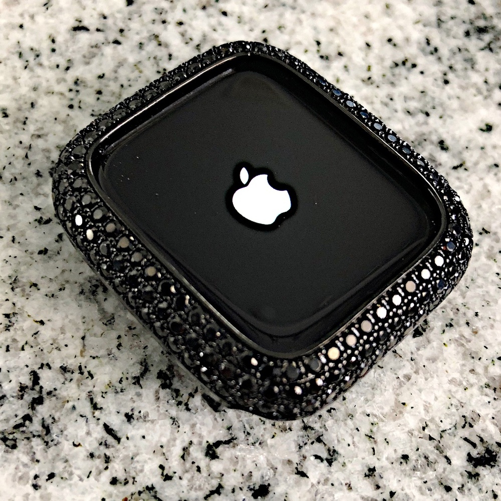 Apple Watch bezel case in black gold with lab diamonds